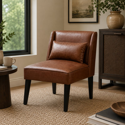 Georgeson Modern Faux Leather Accent Chair with Solid Wood Legs, Upholstered Lounge Chair with Cushion for Living Room