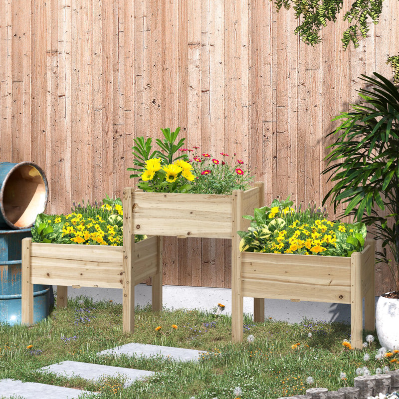 Raised Garden Bed - 3 Planter Boxes Elevated Wooden Stand For Veggies, Herbs, Blooms Natural Solid Wood Drainage 3 Box Plant Frame