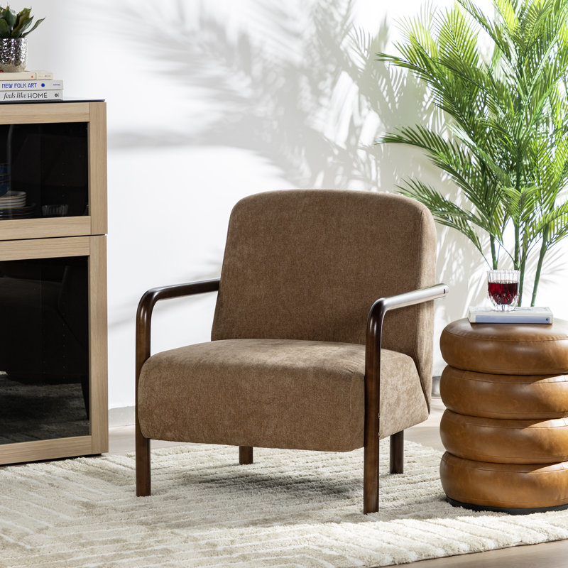 Mid-century Modern Brown Fabric Armchair With Walnut Rubberwood Frame