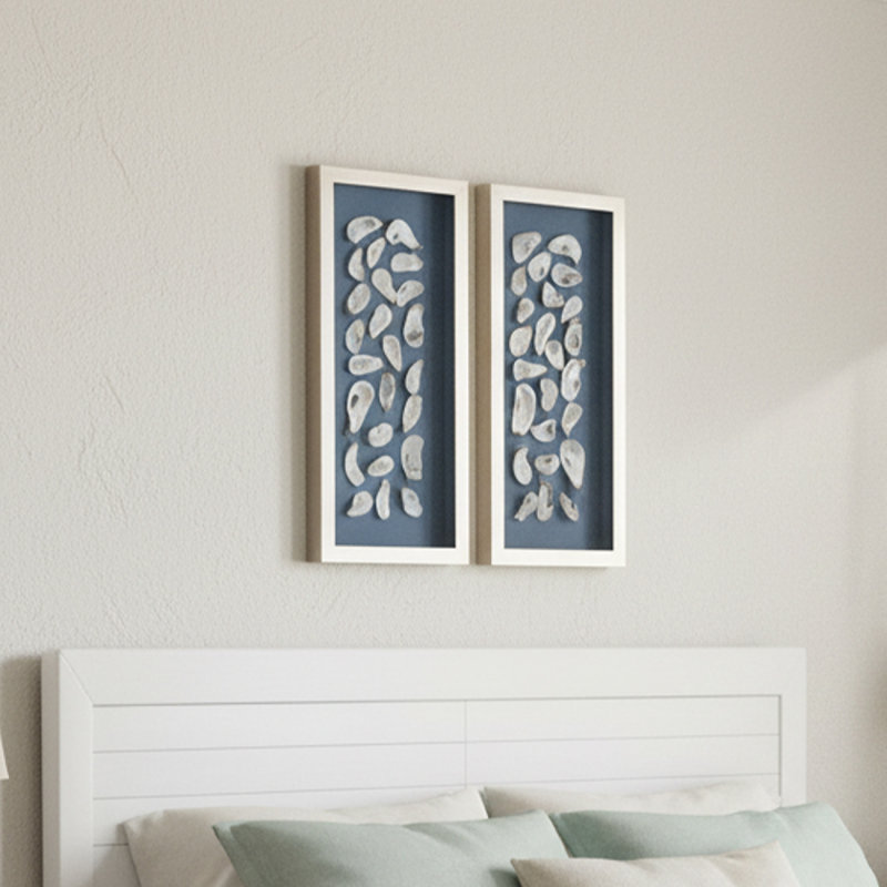 Kierslyn Natural Oyster Shell Panel Wall Art Set with Champagne Frame - Handcrafted 2 Piece Vertical Coastal Wall Decor