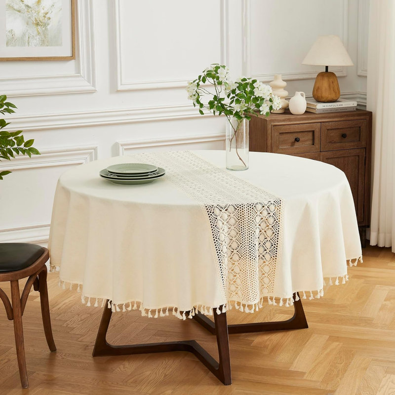 Heavy Poly Cotton Round Crochet Tablecloth With Tassels For Farmhouse Décor, Beige, 36” Round