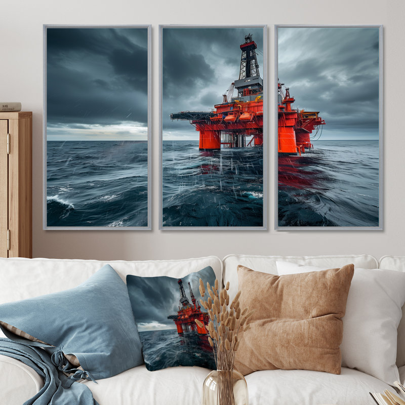 Ensemble de salon mural rouge / gris Winter Drilling Dynamics, Toile argentée avec cadre flottant, H 28 po x l 36 po x P 1 po