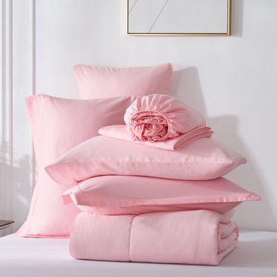 Solid Pink Queen Size Comforter Set with Sheets,7-Piece Bed in a Bag, Classic Box Stitch Soft Microfiber Complete Bedding Set for All Season