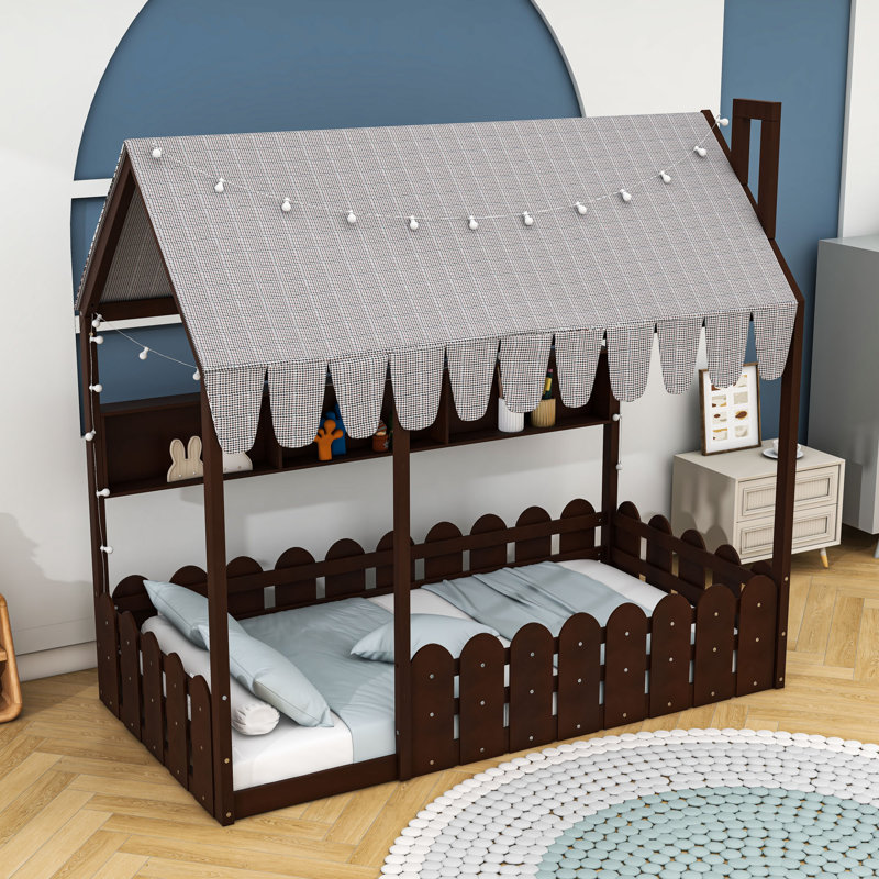 Wooden Floor Bed with Chimney Design, Enchanting Tent, Shelves and Lights, Twin, Espresso