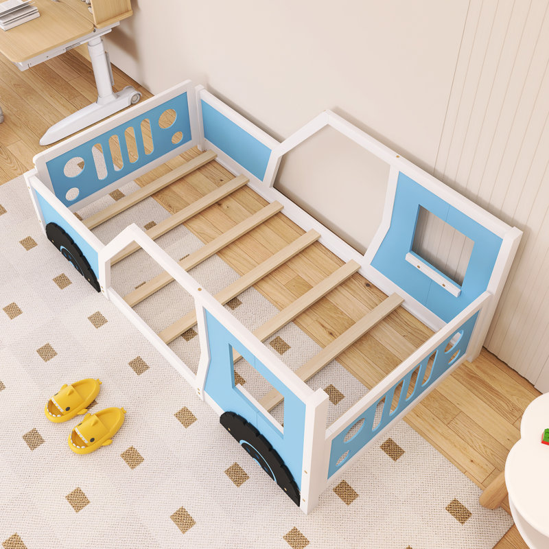 Frame Full Size Classic Car-Shaped Platform Bed With Wheels Shape, Blue, Twin