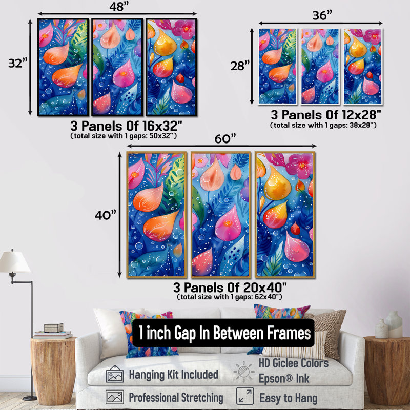 «Pink Blue Flowers Under Water I - Aquariums», ensemble de reproduction d'art mural, Toile encadrée flottée blanche