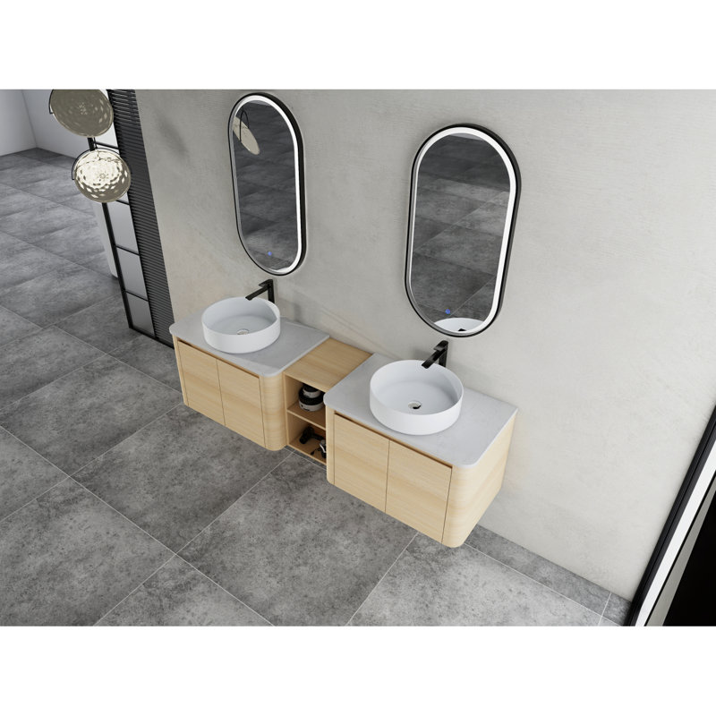 Meuble-lavabo mural 72 po avec lavabo en céramique, tablettes de rangement, portes à fermeture en douceur, contreplaqué