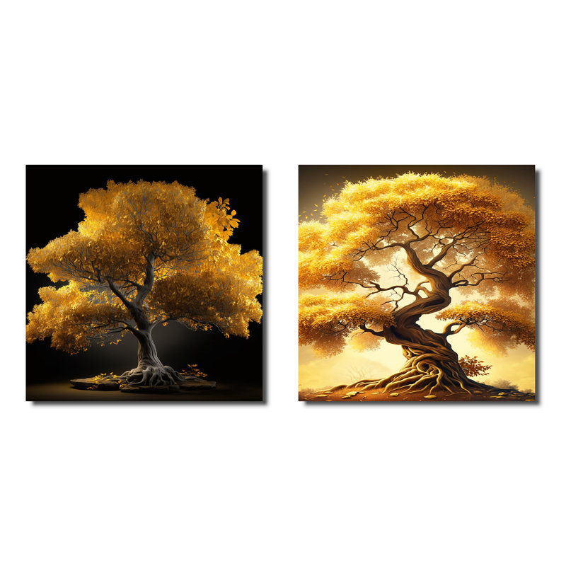 «Majestic Yellow Golden Tree», 2 pièces, Toile tendue, H 36 po x l 73 po