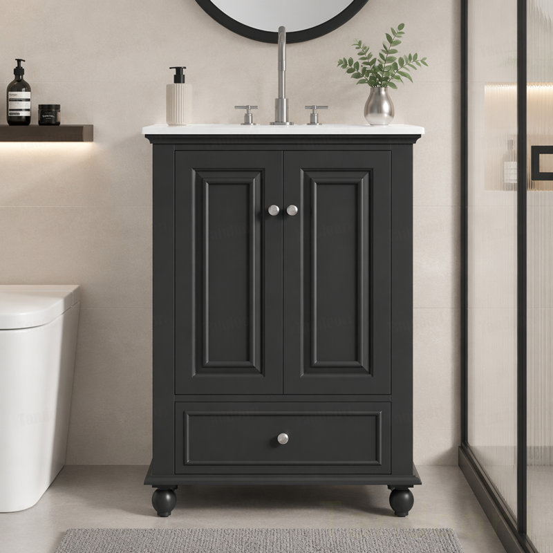 Meuble-lavabo de salle de bain avec lavabo en céramique, armoire de rangement de salle de bain avec portes à fermeture douce, armoire de salle de bain avec tiroir et séparateurs de tiroir