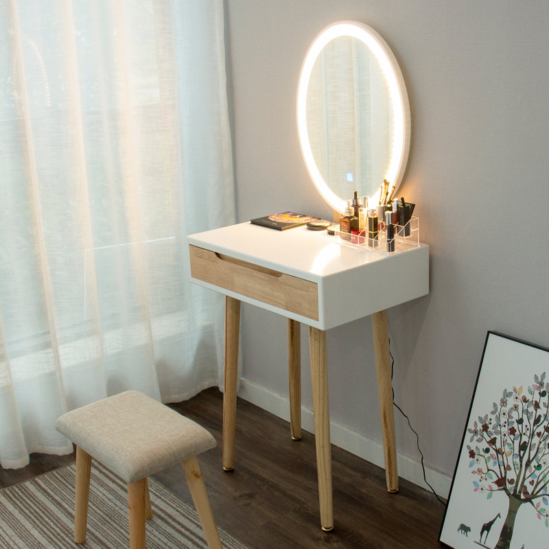 Leicester Vanity Table Set with Adjustable Brightness Mirror and Cushioned Stool, Wood/White