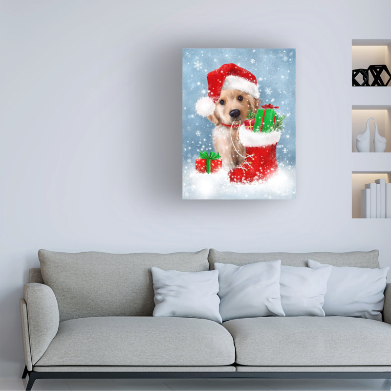 Chiot avec un chapeau de père Noël - sans cadre sur toile, L 24 po x H 32 po