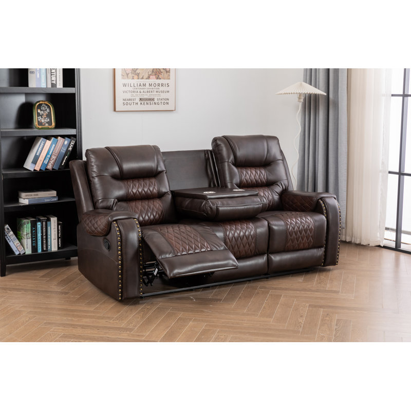 Ilyia Vegan Leather Livingroom Reclining Sofa, Brown Faux Leather