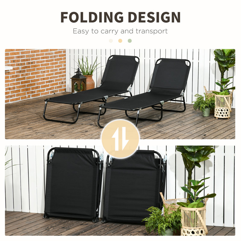 2 chaises longues de plage pour le bronzage, dossier inclinable à 5 niveaux, pliant, cour à cadre en acier, patio, chaises de plage pliantes noires, inclinable, méridienne