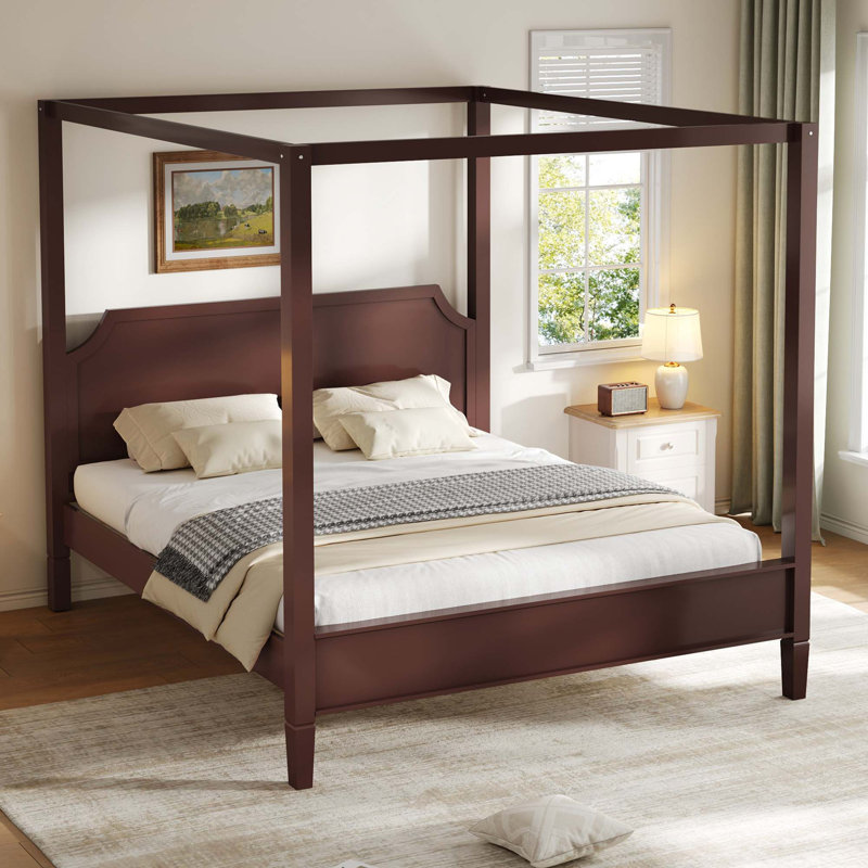 Lit plateforme à baldaquin en bois avec tête de lit intégrée, Walnut