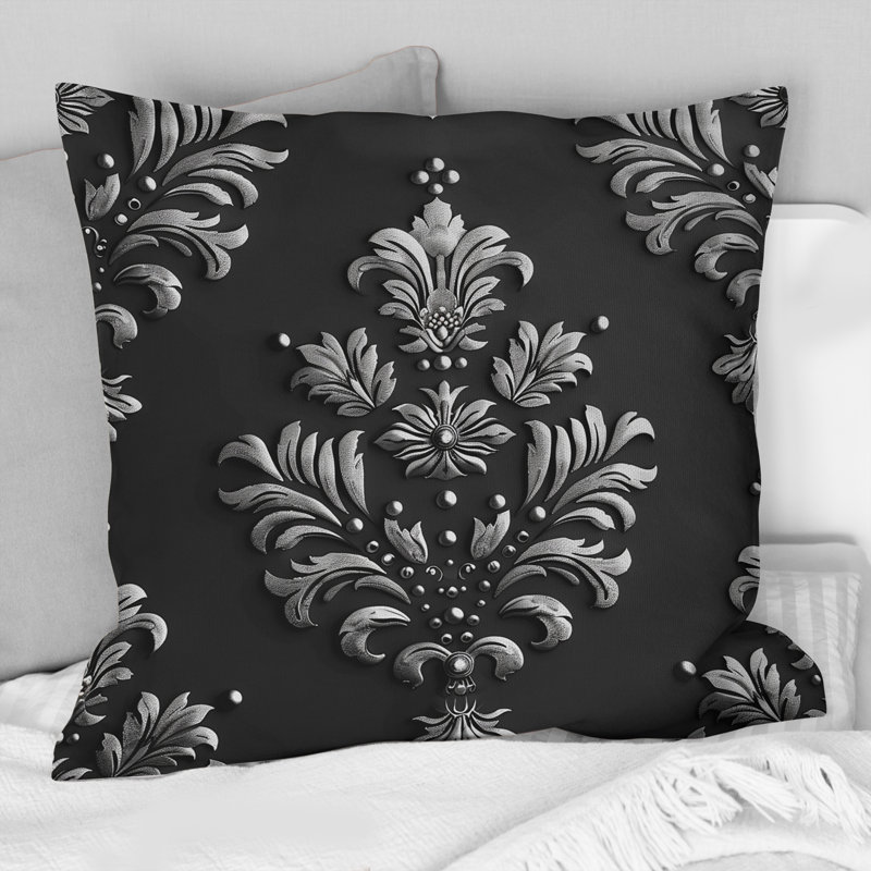 Coussin lombaire damassé noir, argent et glamour, H 16 po x l 16 po, Carrée
