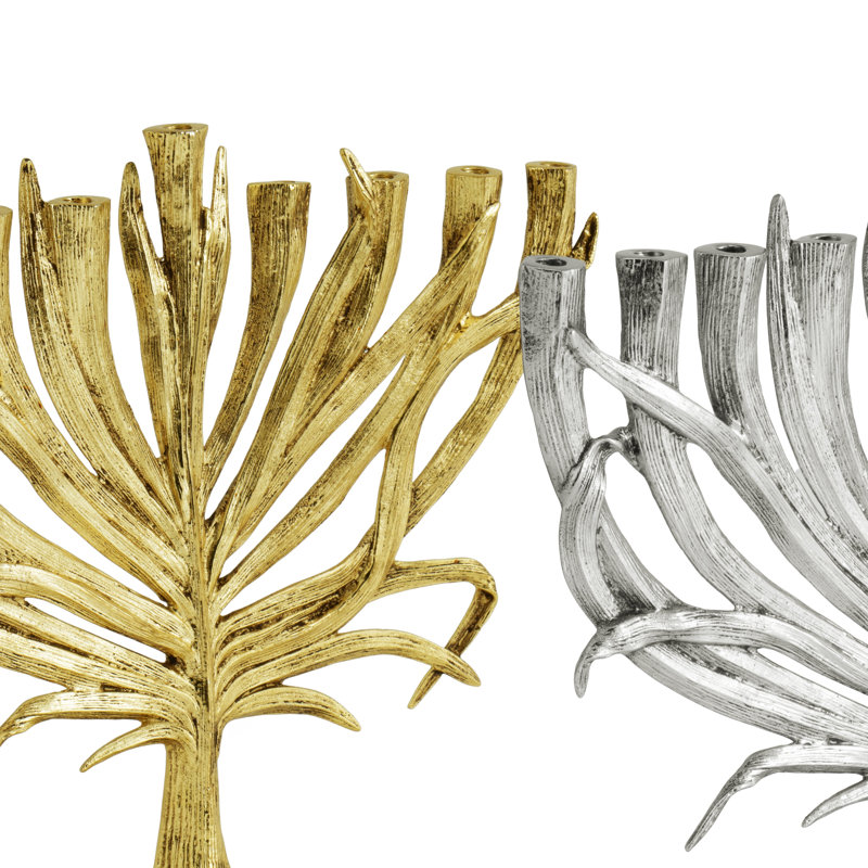 Palm Small Menorah, Antique Gold/White
