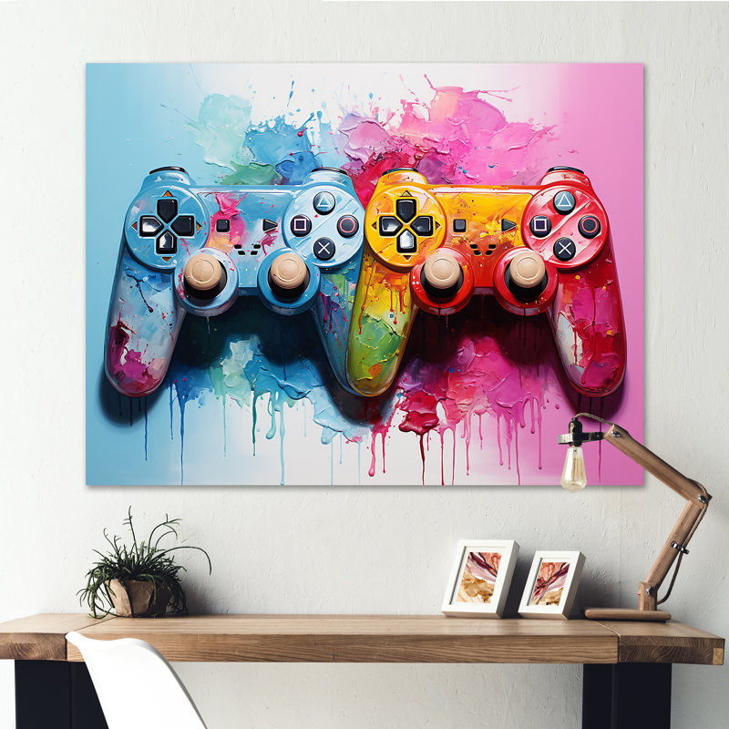 «Pink and Blue Ps Video Game Controllers», art mural jeux vidéo, Toile tendue, H 30 po x l 40 po x P 1,5 po