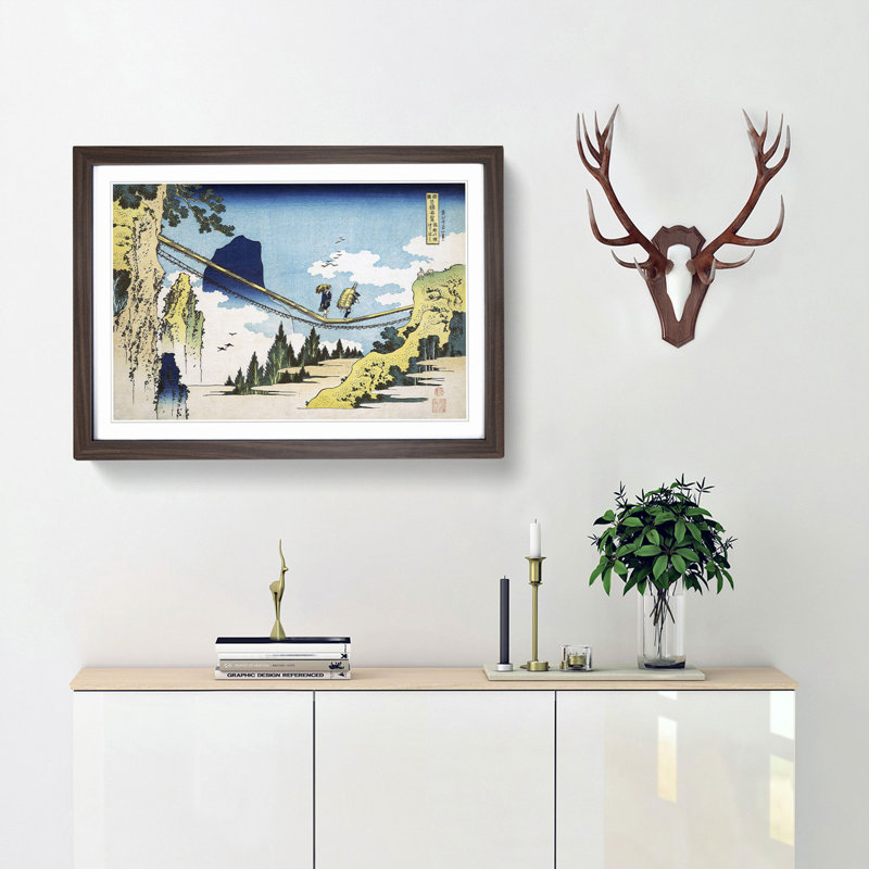 The Suspension Bridge by Katsushika Hokusai - Picture Frame Painting Print, 27cm H x 36cm W x 2cm D, Walnut Framed