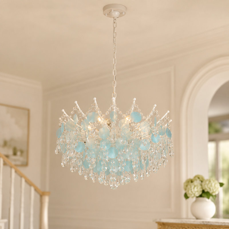 Lustre à 8 lumières en cristal de couleur bord de mer bleu moderne (ampoule incluse)