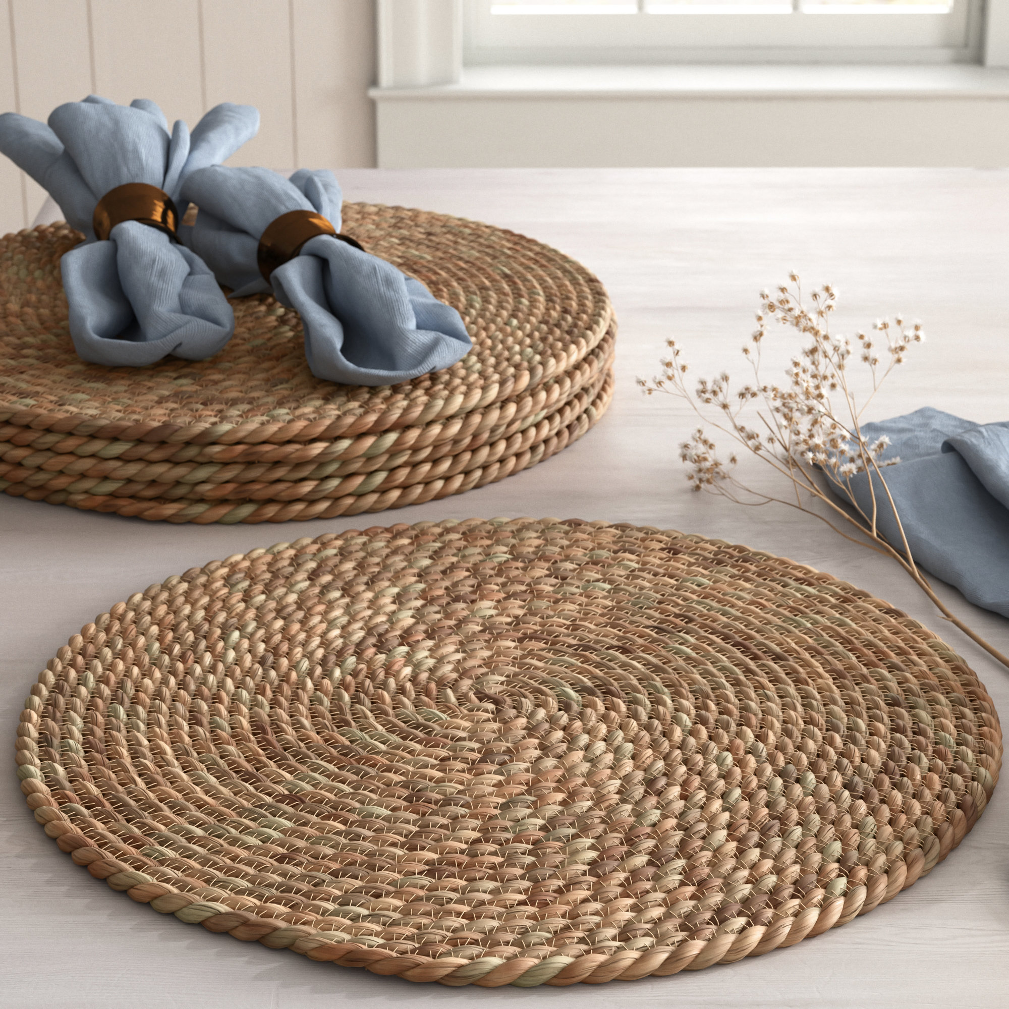 Wicker basket flat round Rattan Shallow Bowl Kitchen Handicrafts diameter  8-9 in