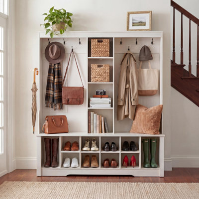 59" Farmhouse Hall Tree With Shoe Storage,wood Coat Rack With Entryway Bench