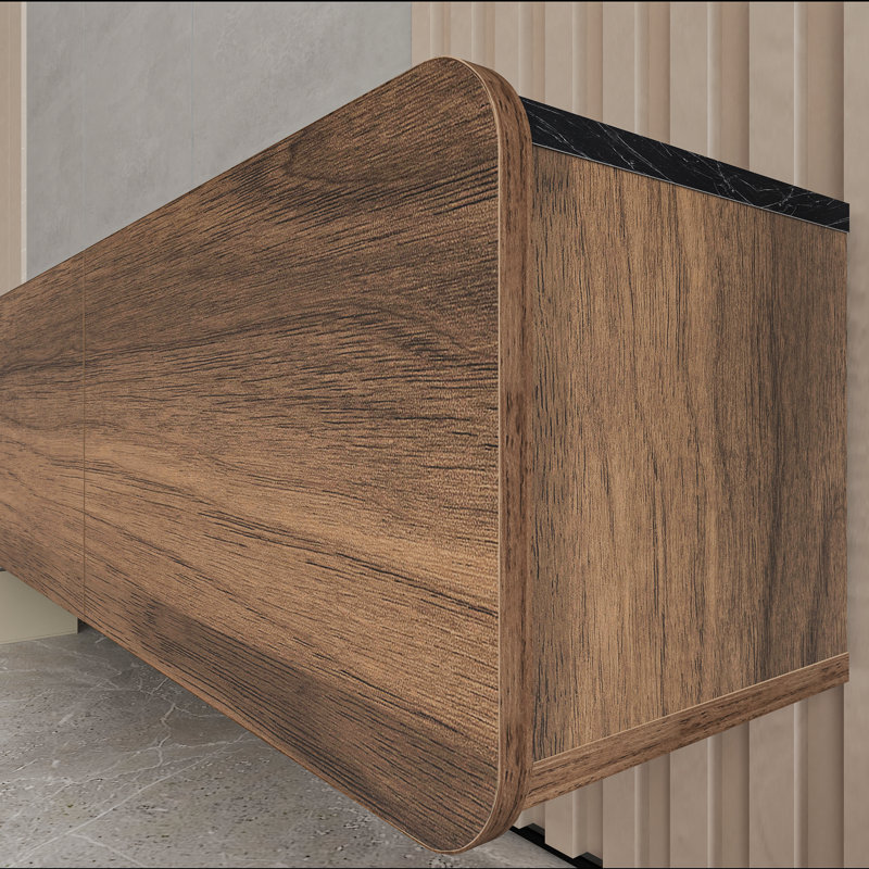 Callysta Floating TV Stand Up to 78" TV's Wall Mounted Media Console,  Black Marble Design/Brown Wood