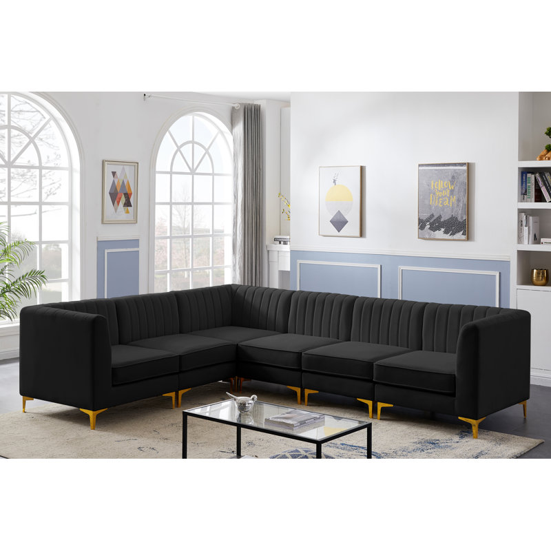 Enson Velvet L-Shaped Sectional Reversible, Black Velvet