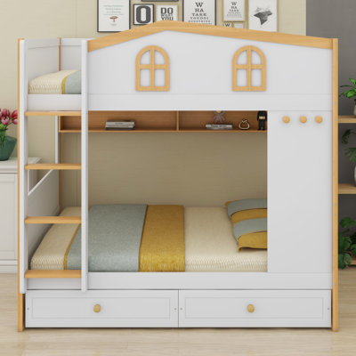 Safety House Guardrails Bunk Bed for Kids with Storage Drawers and Shelves