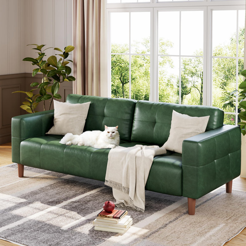 3-Seater Sofa Couch, 83 in Wide Faux Leather Sofa Couch with Spring Cushion, Modern Sofa with Deep Seats and 2 Removable Back Cushions, for Living Room, Bedroom, Apartment, Office, Green