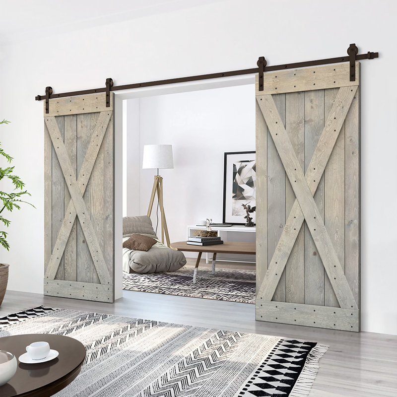 Porte de grange en bois massif lambrissé et métal, Gris fumée, 96 po x 84 po