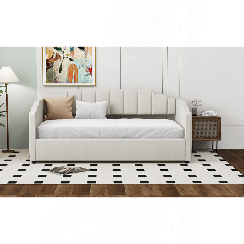 Lit de jour rembourré avec rangement inférieur, Beige, Lit simple