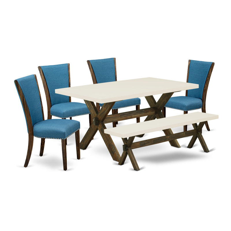 6 Piece Dining Table Set Contains a Rectangle Dining Room Table and 4 Blue Color Linen Fabric Upholstered Chairs with a Bench, Distressed Jacobean Finish