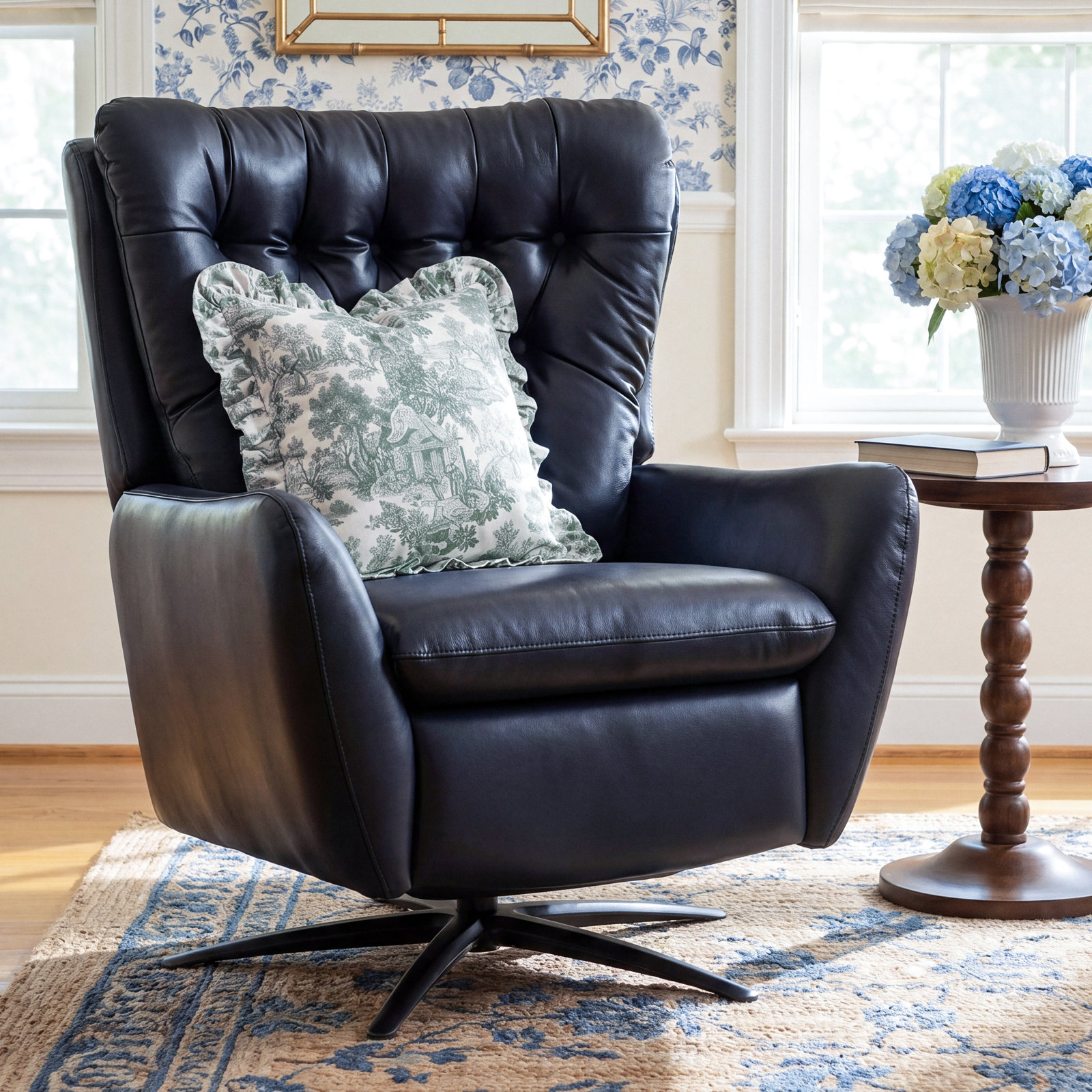 Harrington 31" Genuine Leather Swivel Power Recliner, Navy