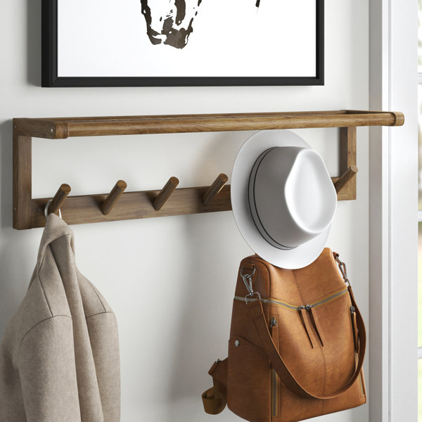 Wall Hanger Wood Storage Coat Rack Hat Key Holder Bag Display Shelf Picture Coat  Hooks Rack with Alloy Hooks for Home, 2 /4 Hooks Black & White 