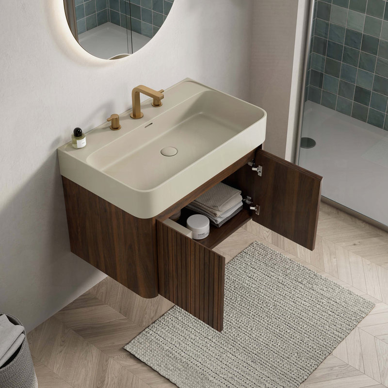 Meuble-lavabo suspendu avec lavabo intégré en surface solide beige crème et meuble en bois imitation noyer