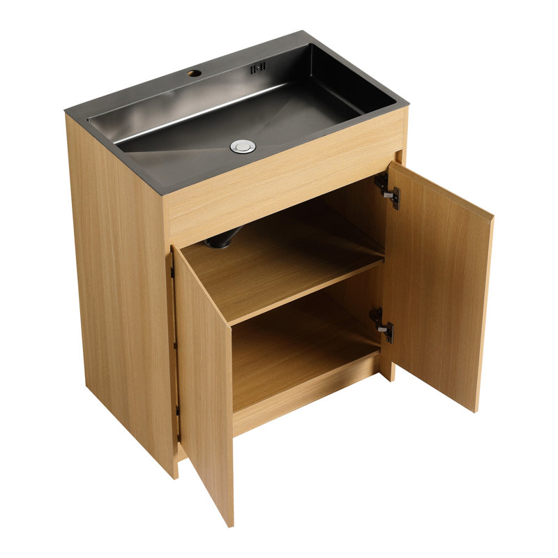 Meuble-lavabo autoportant de 28 po - lavabo en acier inoxydable gris, charnières à fermeture douce, grand rangement au bas, tuyau de drainage flexible en contreplaqué de chêne, 45 poignées dissimulées, tablettes réglables