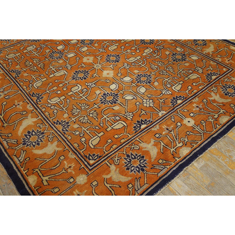 Superb Persimmon Color with Chinoiserie Pattern Antique Chinese Kansu Rug