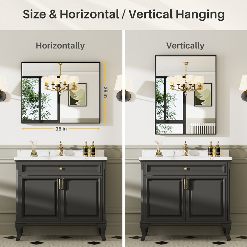 Modern & Contemporary Matte Black Aluminum Alloy Framed Rectangular/Square Bathroom Vanity Mirrors with HD Tempered Glass