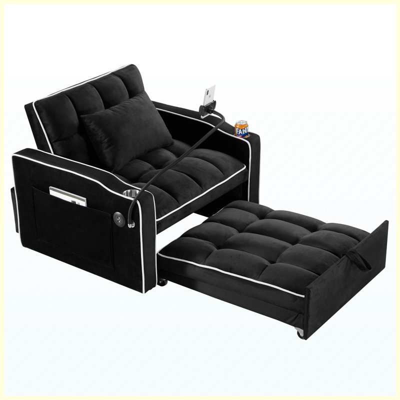 Canapé-lit convertible avec rangement noir, 35.83" W, Black Velvet