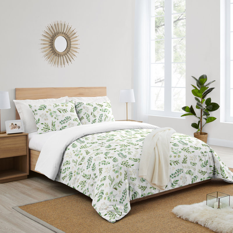 Botanical Green and White Cotton Queen Duvet Cover Set