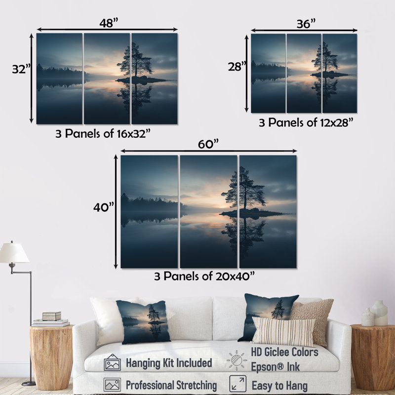 «Blue Morning Fog Over Forest Lake», ensemble d'art mural lac, Toile tendue, H 32 po x l 48 po x P 1 po