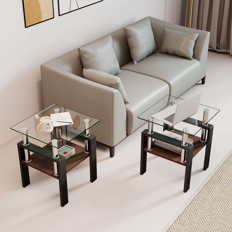 Ensemble de 2 tables de bout modernes avec plateau en verre trempé transparent et pieds noirs, Clair, Noir