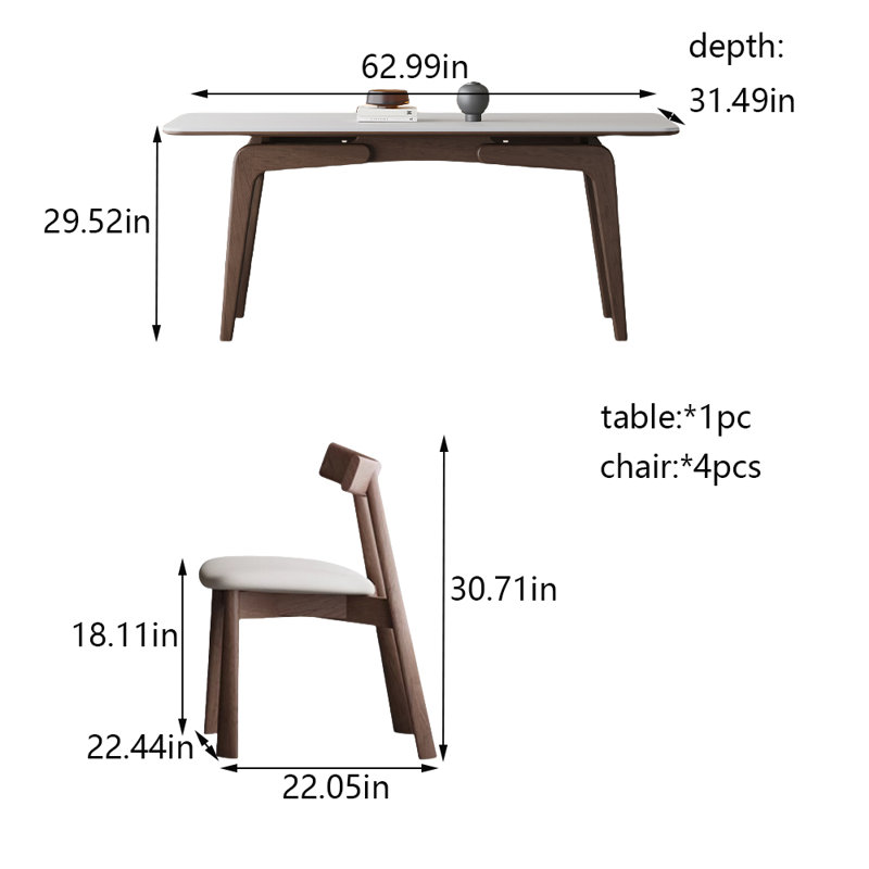 Simple rock slab solid wood dining table chair set, 29.52"H x 62.99"L x 31.49"W