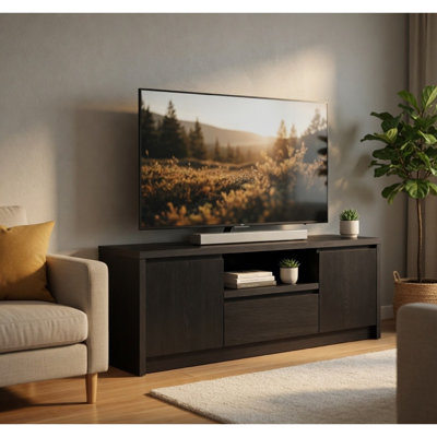 Winie TV Stand Media Console, 2 Doors, Open Shelf, Black Wood 60 Inch