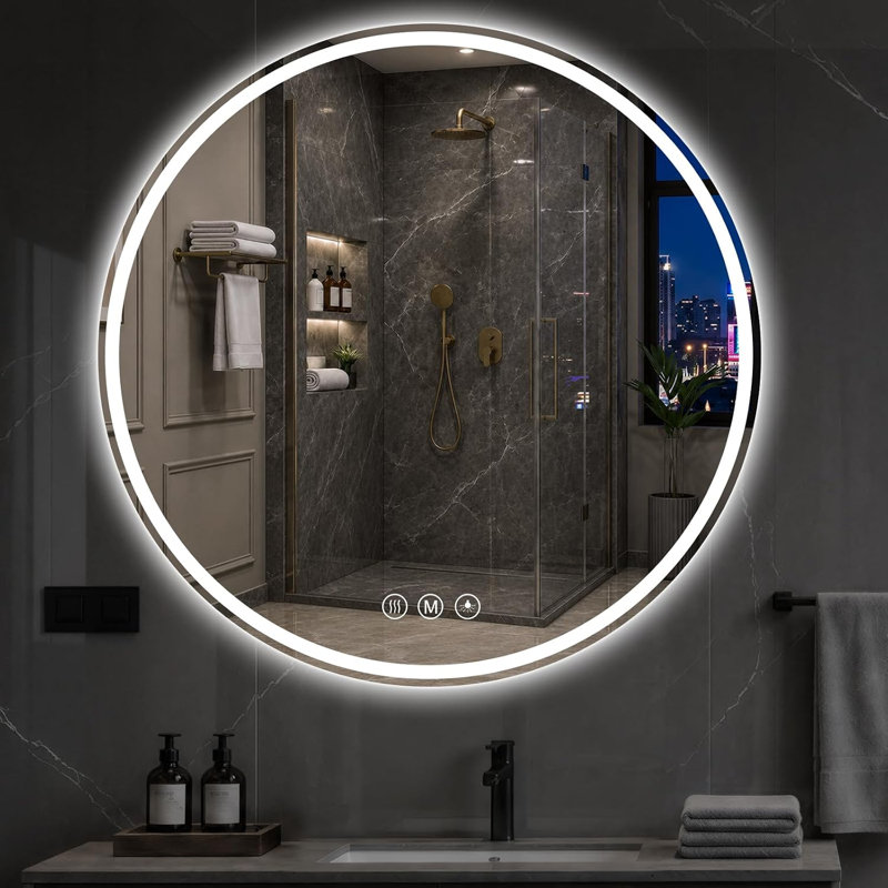 Miroir rond pour salle de bain à DEL, 42 po, verre trempé incassable HD