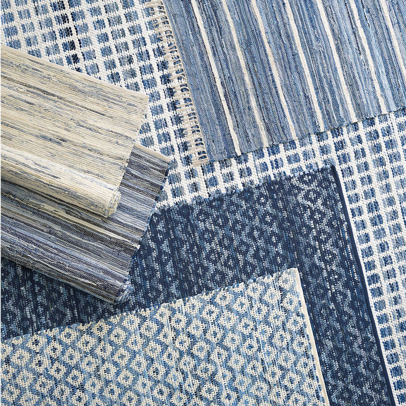 Denim Rag Diamond Ivory Handwoven Cotton Rug, Rectangle 5' x 8'