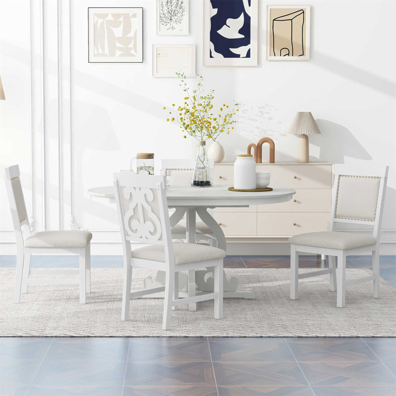 5-Piece Retro Functional Dining Set, 1 Extendable Table With A 16-Inch Leaf And 4 Upholstered Chairs For Dining Room And Kitchen