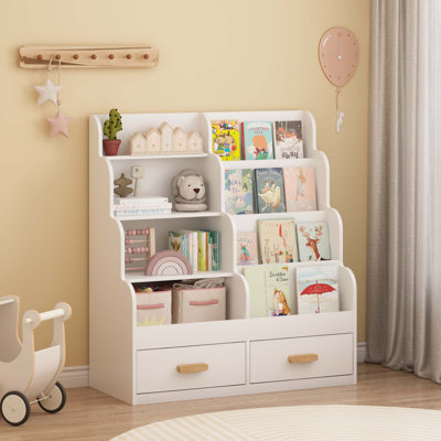 Kids Bookshelf With 2 Storage Drawers, Front-Facing Children's Bookcase And Toy Organizer, Multi-Tier Reading Shelf For Toddlers, Playroom, Bedroom, Or Nursery - White