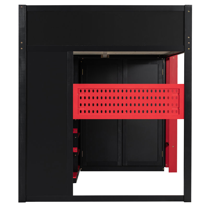 Lit mezzanine double pleine grandeur avec bureau, tablettes de rangement, ports USB et lumière DEL RVB, rouge, Rouge