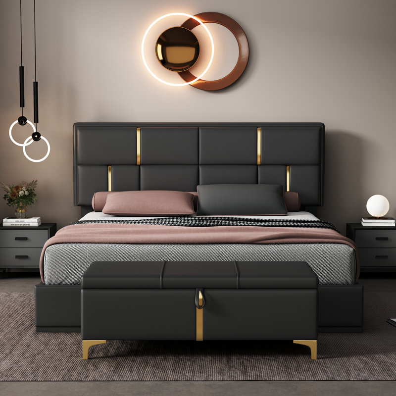 Ensemble de chambre avec grand lit 2 pièces avec lit plateforme tapissier et rangement hydraulique, repose-pieds de rangement avec pieds en métal, noir
